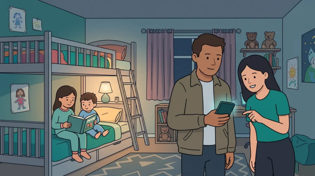 A parent briefs the babysitter beside the children's bunk beds before heading out for the evening.